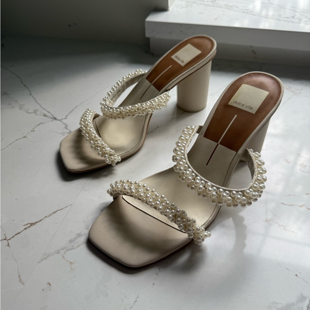 Dolce Vita Cream Pearl-Adorned Heels